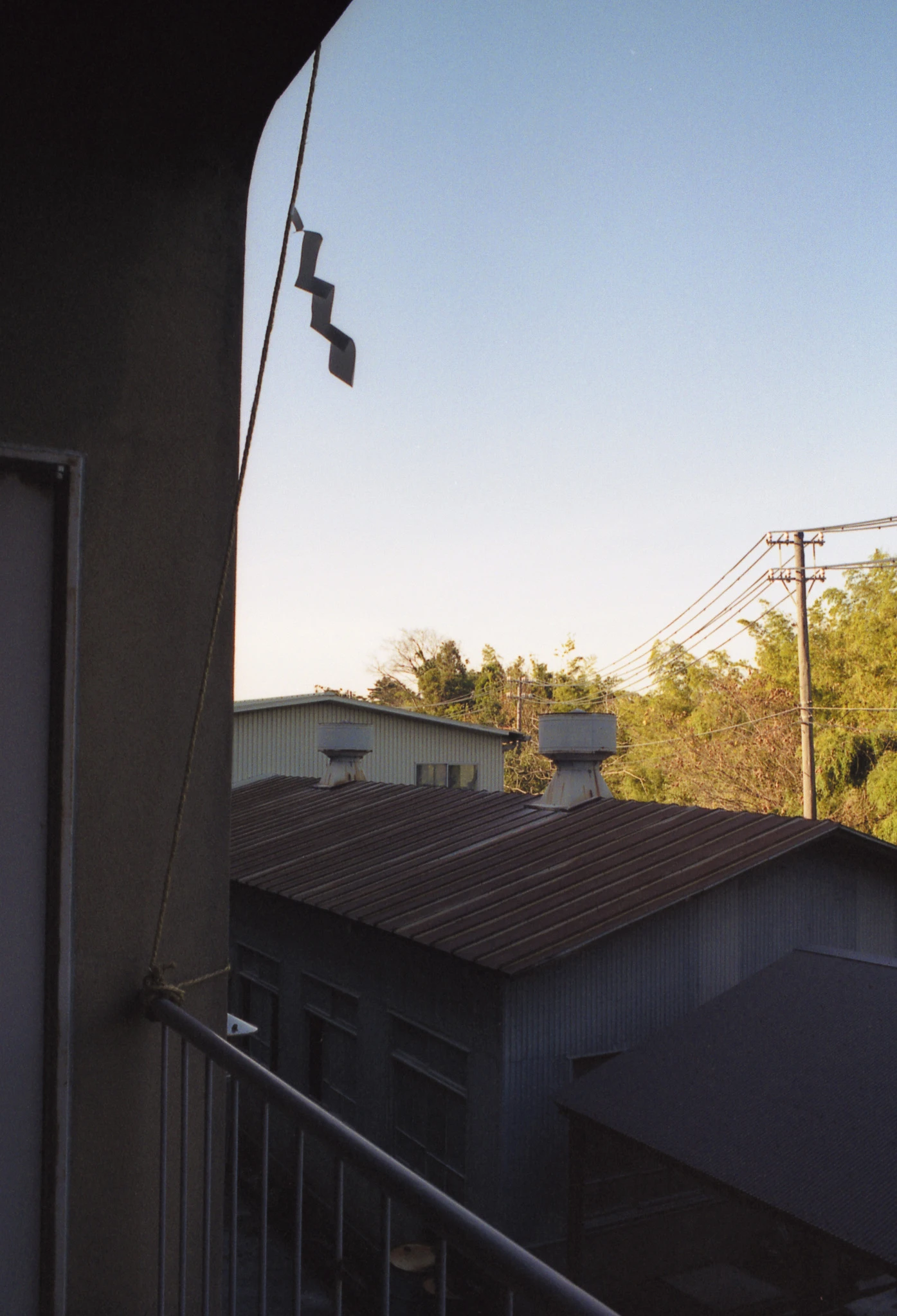 Paper gohei seen against sky and roofline